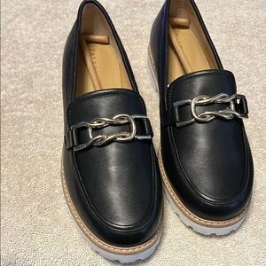 Talbots Black Leather Loafers with Gold Chain Detail